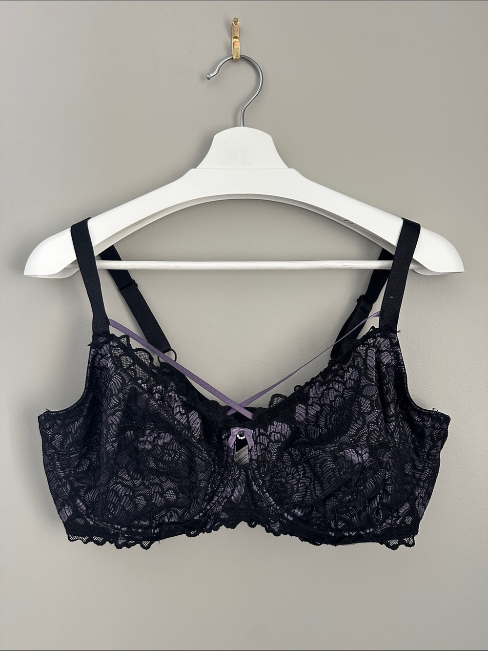 Deesse Black Lace Overlay Unlined Underwired Bra with Purple Accent